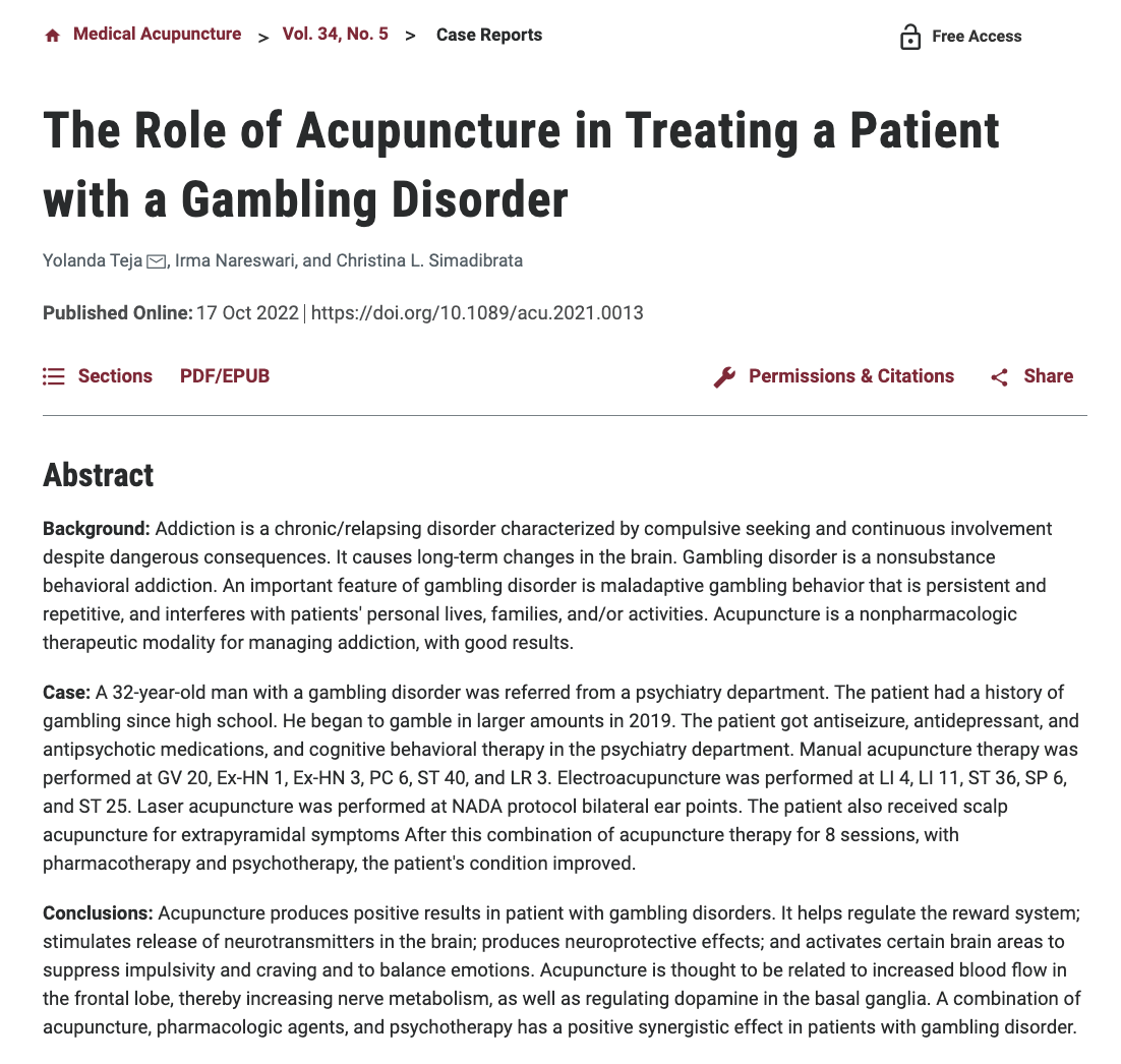 The Role of Acupuncture in Treating a Patient with a Gambling Disorder - Perhimpunan Dokter Spesialis Akupunktur Medik Indonesia The Role of Acupuncture in Treating a Patient with a Gambling Disorder - Perhimpunan Dokter Spesialis Akupunktur Medik Indonesia